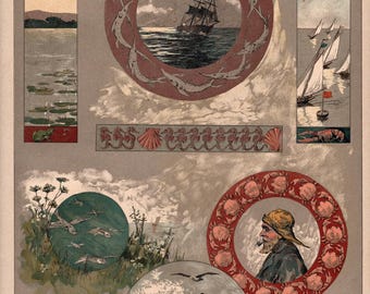 1893 Carlos Grethe Marine Motifs Chromolithograph - Plate 42 from Dekorative Vorbilder - Antique German Nautical Art Print