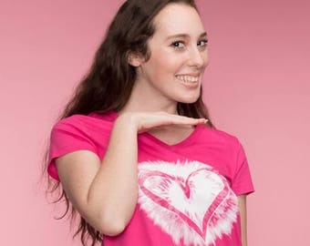 Tie Dye Heart Women's V neck T-shirt Valentines Day T-shirt Gift Fo her T-shirt Gift For Sister Cute Pink Heart ladies t shirt Wife Gift