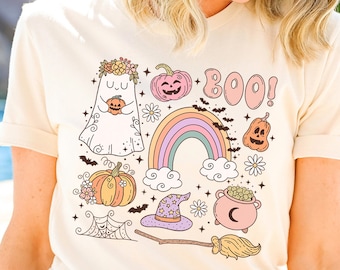 Pink Halloween doodles shirt, Hippie ghost shirt, fall crewneck, Bubblegum witch, Spooky season, Pastel Halloween, Cute retro Halloween tee