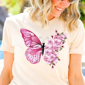 Pink Butterfly with Sakura flowers Shirt, Cherry tree Butterfly shirt, Sakura tree, Graphic shirt, Spring shirt, Nature, Cherry blossom