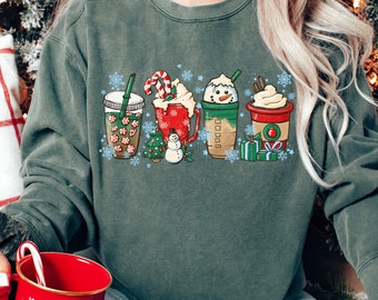 Christmas Coffee Sweatshirt for women, Vintage Green Christmas Sweatshirt, Coffee Lover gift Peppermint Latte Crewneck Women Holiday sweater