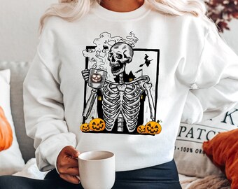 Skeleton Sweatshirt, Dead Inside but Caffeinated, Halloween sweatshirt, Skeleton drinking coffee, pumpkin spice,coffee lover, Funny Skeleton