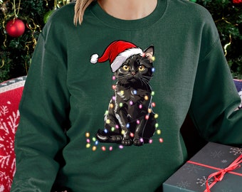 Santa Cat Christmas Sweatshirt, Black Cat Shirt, Christmas Sweatshirts, Women Christmas Shirts, Black Cat Christmas Sweater