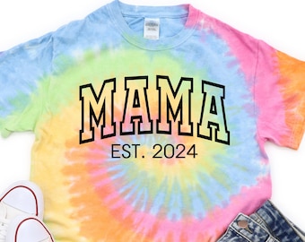 Mama Est 2024 Shirt, Custom Mama Shirt, Tie Dye Mom Shirt, Gift for Mom, Pregnancy Announcement, Mother's Day, New Mom Gift, Mom Rainbow tee
