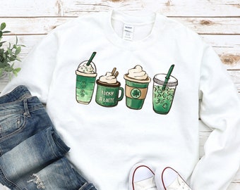 St Patricks Day Coffee Sweatshirt, Womens Cute St Patty's Day Shirt, Lucky latte, Irish Shamrock clover shirt, St Paddys Day Sweater