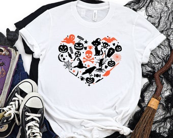 Doodles Heart, Halloween Shirt, Pumpkin Halloween T-Shirt, Funny Halloween Shirt, Halloween T-Shirt, Doodles T-Shirt, Bat Black Cat Ghost