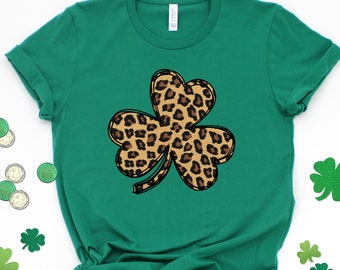 Leopard Print Shamrock Shirt, St. Patricks Day Shirt, Four Leaf Clover, Shamrock, Irish Shirt Shirts For Woman, Cheetah Print, Irish Shirt