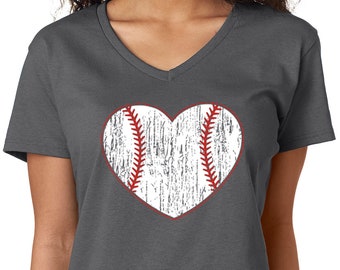Baseball Heart Shirt - Ladies V neck t shirt Baseball womens T-shirt. Vintage baseball heart graphic sport game Plus Size Shirt Baseball mom