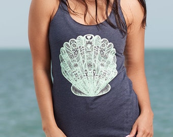 Sea shell Tank Top Womens Summer Nautical Tank top Cute Mothers Day Gift Wife Gift Vintage graphic t shirt mermaid indie boho fashion beach