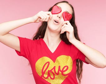 Love Heart Valentine Shirt - Glitter Heart Shirt - Cute Valentine's Outfit - Women's Valentine's Shirt - Valentine's Tee Shirt - Girlfriend