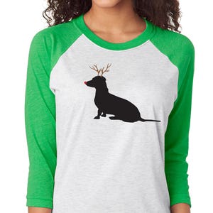Funny Dachshund Shirt - Dachshund with antlers and a red nose - Cute Womens Christmas Shirt - Funny Christmas Soft Unisex 3/4 sleeve shirt