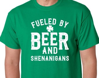 Mens T-Shirt Fueled By Beer and Shenanigans Irish St Patrick's Day Mens T shirt Shamrock Gift Tshirt Shirts Party T shirt Ireland Green Tee