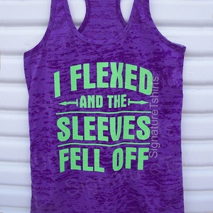 I Flexed and the sleeves fell off Racerback fitness Tank Motivational Workout Tank Top Gym Shirt work out Tank typographic tank Purple tank image 3