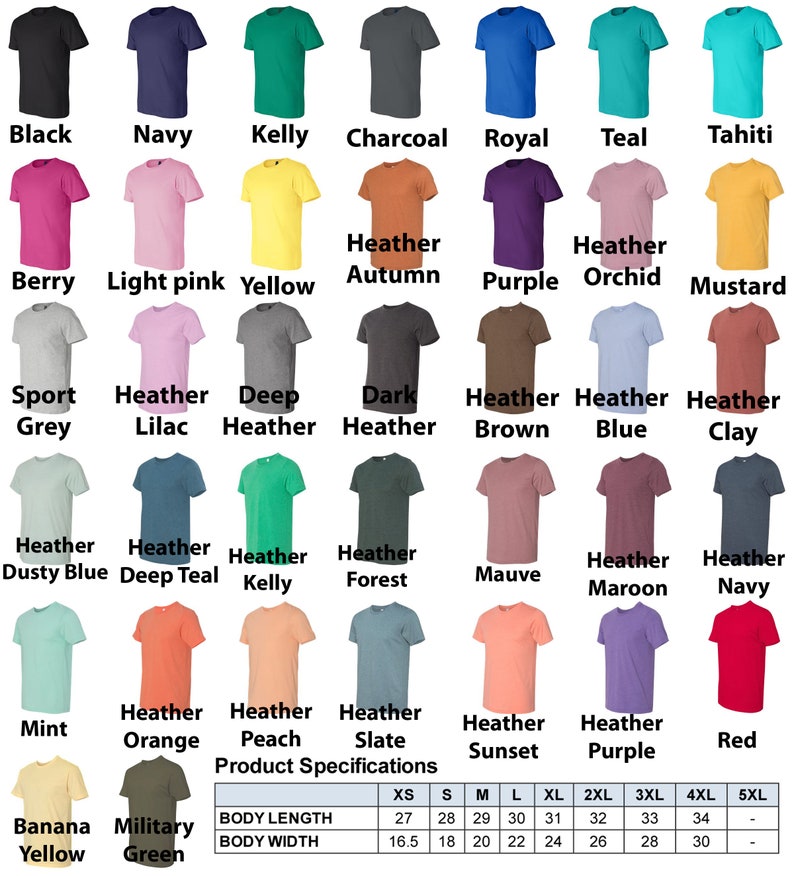 May include: A collection of various colored t-shirts, including black, navy, and red, with names like "Kelly," "Mustard," and "Purple" displayed above each shirt. Product specifications for body length and width are also shown.