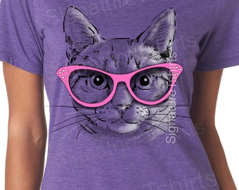 Cat T-shirt, graphic tee shirt, Funny cat shirt, Birthday Gift, Purple, Kitten tshirt, Womens V neck, glasses,  gift  for cat lover t shirt