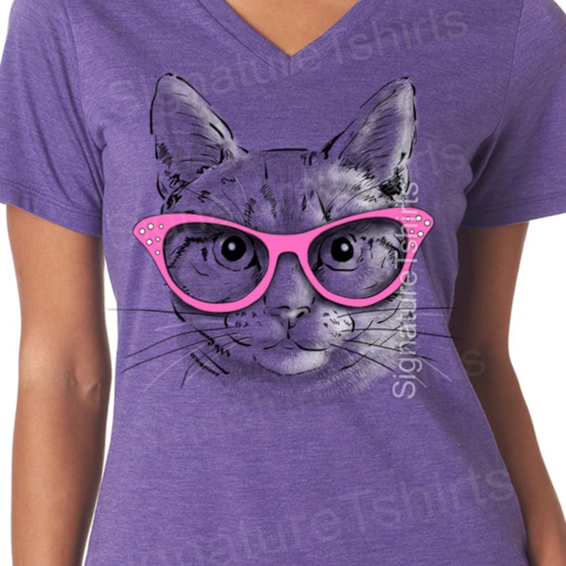 Cat T-shirt, graphic tee shirt, Funny cat shirt, Birthday Gift, Purple, Kitten tshirt, Womens V neck, glasses,  gift  for cat lover t shirt 