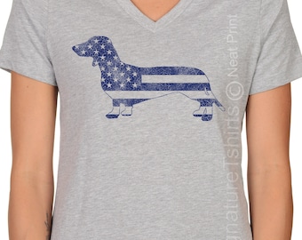 Fourth of July Womens V neck shirt American Flag tee US Flag Independence Day Patriotic graphic USA flag American Dachshund print t shirt