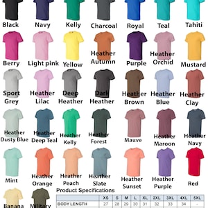 May include: A chart showing 30 different t-shirt colors with their names. The chart also includes a table with product specifications, including body length and width in inches. The sizes range from XS to 5XL.