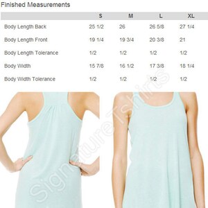 May include: A chart showing finished measurements for a tank top in sizes S, M, L, and XL. The measurements are given in inches. The chart includes body length back, body length front, body length tolerance, body width, and body width tolerance.
