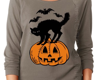Halloween party - Black cat Bats Pumpkin - Off the Shoulder - womens lightweight 3/4 sleeve shirt - scary raglan top sweater graphic t shirt