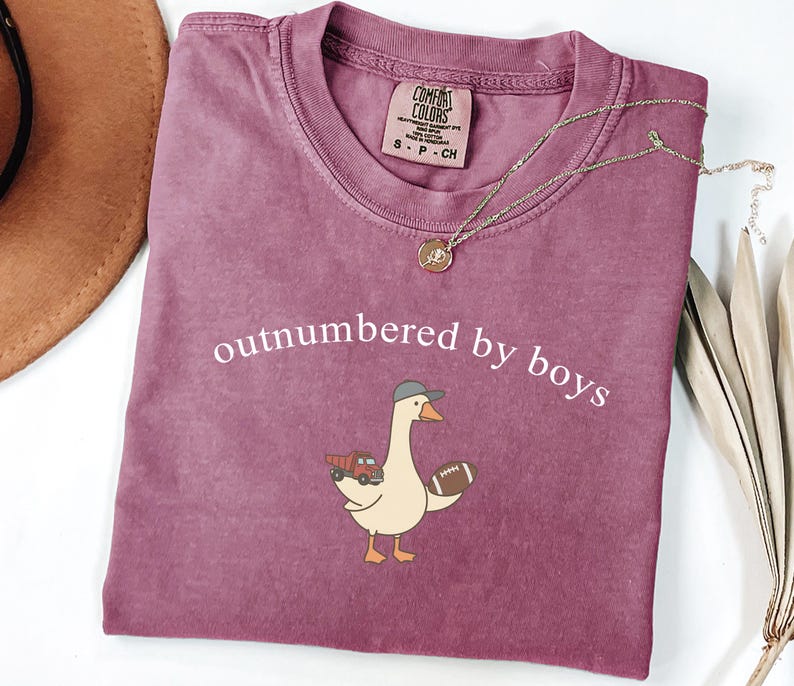 May include: A mauve Comfort Colors t-shirt with the phrase "outnumbered by boys" printed in white. The shirt features a cartoon goose wearing a cap and holding a football and a toy truck. A gold necklace and a brown hat are also visible.