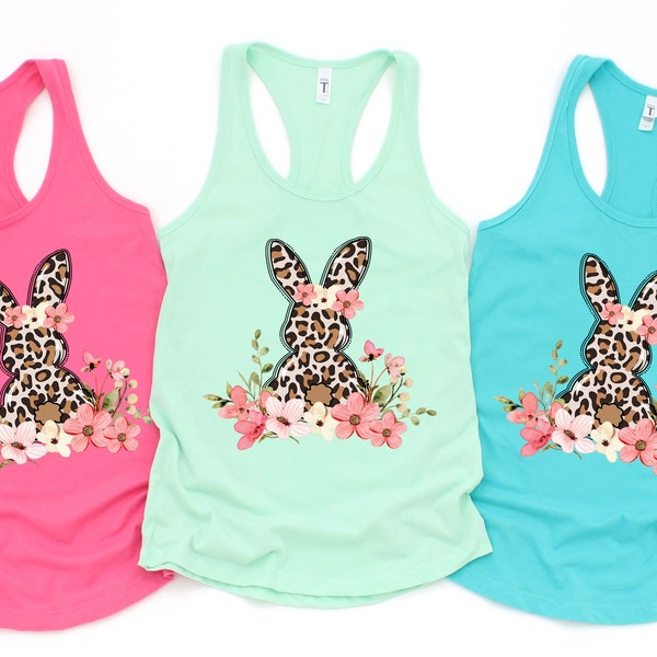 Cute Floral Leopard Bunny Easter Tank Top, Cute Floral Bunny Tank, Easter Bunny Leopard Tank, Funny Easter Gift, Racerback Womens Tank top