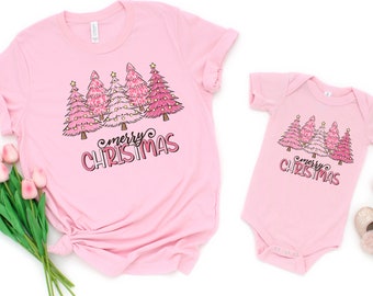 Mommy and Me Christmas, Mother Daughter Christmas Shirts, Pink Christmas Trees Matching Shirts, Retro Merry Christmas bodysuit baby kids tee