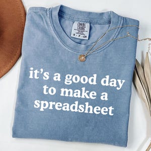 May include: A blue Comfort Colors t-shirt with the phrase "it's a good day to make a spreadsheet" in white block letters. A gold necklace with a pendant rests on the shirt. A brown hat and dried palm leaves are in the background.
