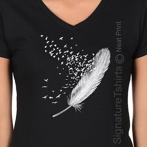 Plus Size Feather Birds Shirt, Graphic Tee, Women V-neck T Shirt, Feather Tshirt, Bird T Shirt Feather Shirt Feather T Shirt Christmas Gift image 1