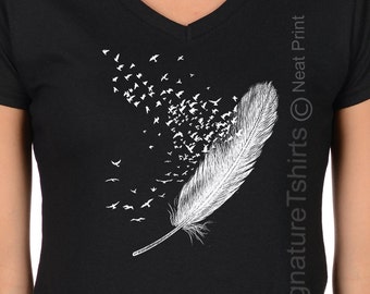 Plus Size Feather Birds Shirt, Graphic Tee, Women V-neck T Shirt, Feather Tshirt, Bird T Shirt Feather Shirt Feather T Shirt Christmas Gift