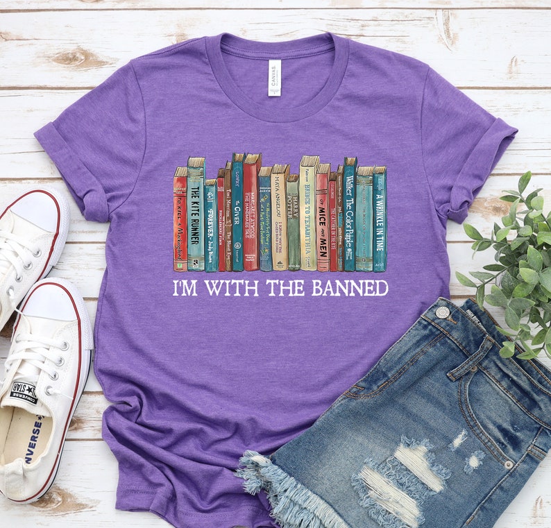 I'm With The Banned, Banned Books Shirt, Banned Books Graphic T-Shirt, Reading Shirt, Librarian Shirt, Bookish Shirt, Gift for Book Lover Heather Purple