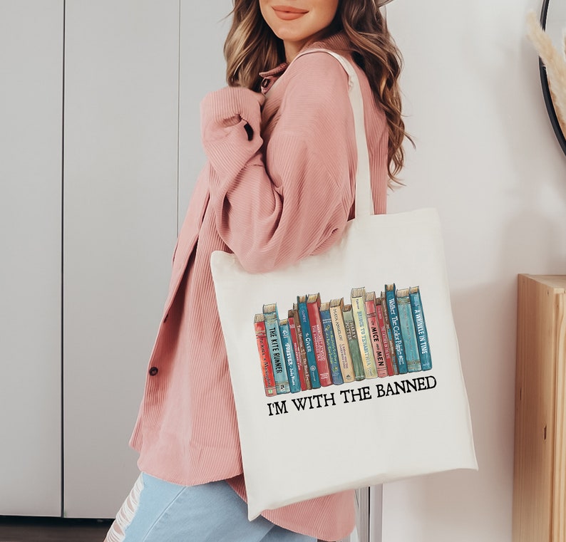 I'm With The Banned, Banned Books Shirt, Banned Books Graphic T-Shirt, Reading Shirt, Librarian Shirt, Bookish Shirt, Gift for Book Lover TOTE BAG (NATURAL)
