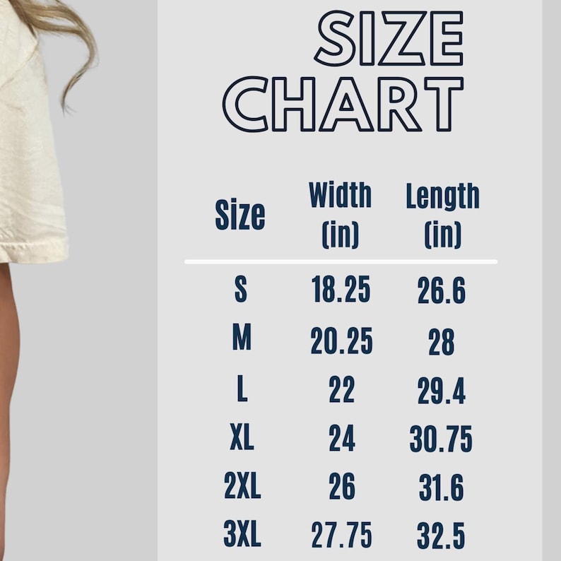 Op de afbeelding: Maattabel voor een kledingstuk met afmetingen in inches. De tabel toont de breedte en lengte van het kledingstuk in inches voor de maten S, M, L, XL, 2XL en 3XL.