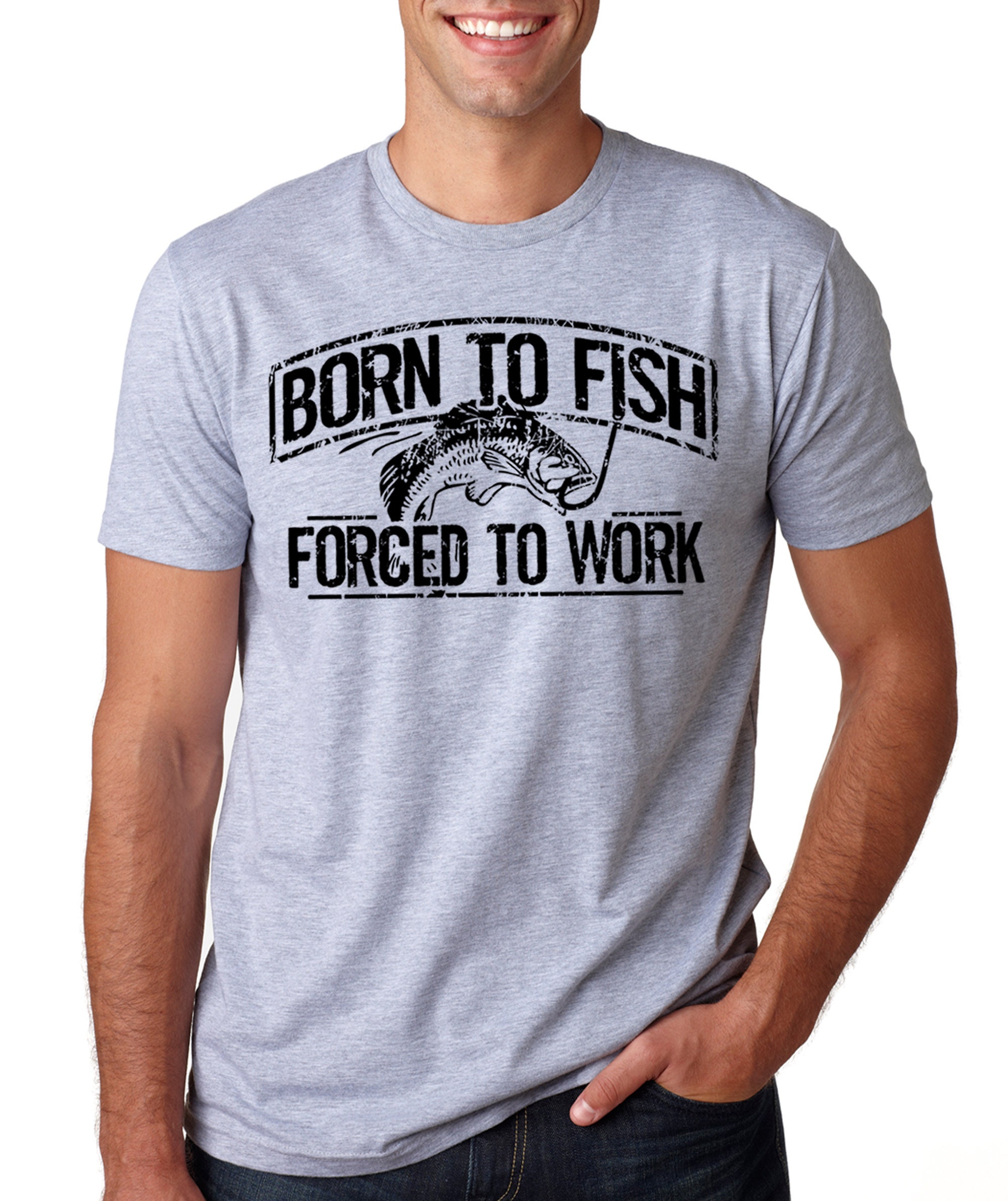 Fishing T-Shirt Born to Fish Forced to Work Mens Tshirt Fathers Day Gift Bass Birthday Gifts for Dad Husband Daddy Grandpa Father's Day Gift