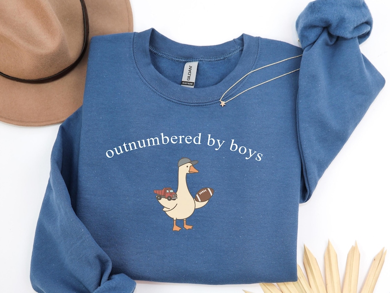 May include: A blue sweatshirt with the text "outnumbered by boys" and a cartoon goose wearing a baseball cap, holding a football and a toy truck. A gold necklace with a star pendant is also visible.