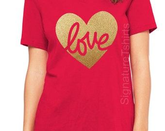 Valentines Day Shirt, Womens V Neck, LOVE tshirt, Heart Shirt, Valentines Shirt, Heart of gold, Valentine T-Shirt, Glitter, Gold, forever