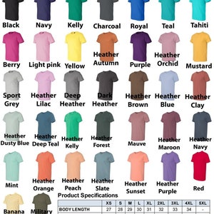 May include: A chart showing 27 different t-shirt colors with their names. The chart also includes a table with product specifications, including body length and width in inches, for sizes XS to 5XL.