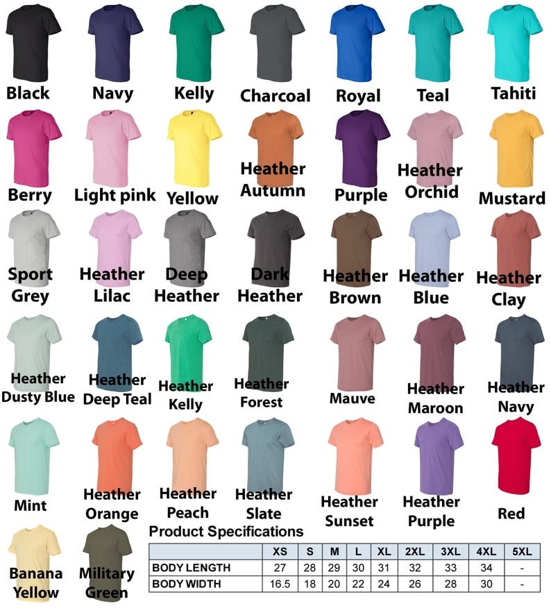 May include: A chart showing 27 different t-shirt colors with their names. The chart also includes a table with product specifications, including body length and width in inches, for sizes XS to 5XL.