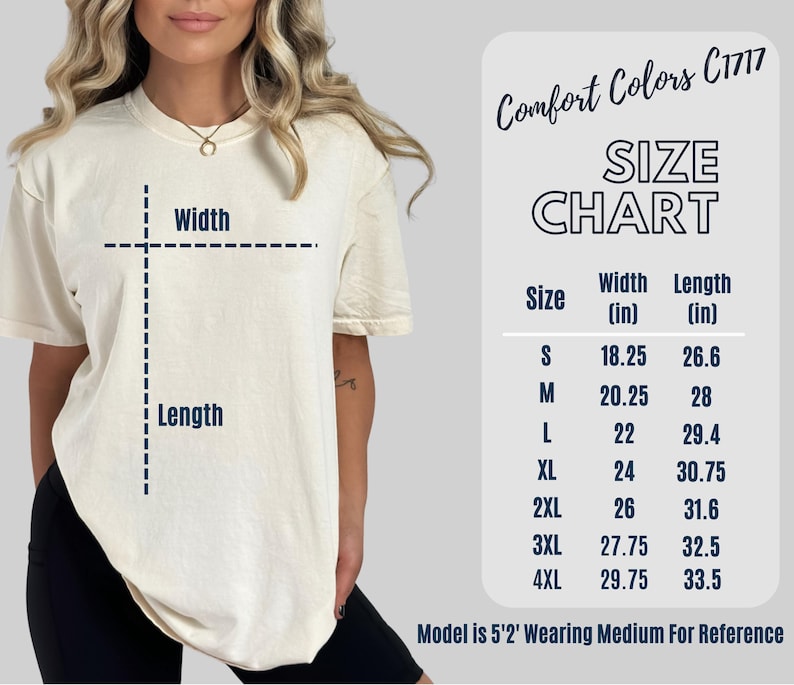 May include: Cream-coloured t-shirt with a size chart. The chart lists sizes S to 4XL, with width measurements from 46.35 to 75.57 cm and lengths from 67.56 to 85.09 cm. The text "Comfort Colors C1717" is at the top.