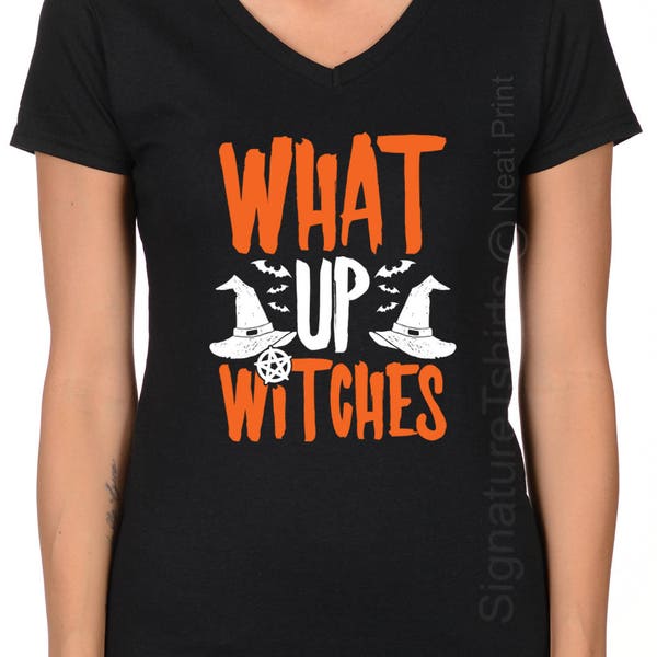 Halloween Womens T Shirt What Up Witches Halloween Shirt Graphic Tee Halloween costume idea party Funny Broom witch V Neck Unisex Black tee