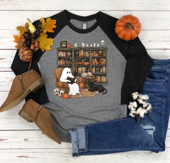 Retro Ghost Reading Books Shirt, Librarian Ghost Halloween, School Teacher Shirt, Halloween Teacher Gift, Boo Ghost Unisex 3/4 long sleeve