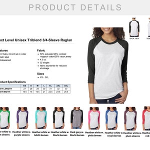 May include: A unisex 3/4-sleeve raglan t-shirt made of a triblend fabric. The shirt is available in a variety of colors, including heather white, dark grey, and black. The shirt features a 1x1 baby rib-knit set-in collar, satin label, and is sideseamed. The size chart shows measurements in inches for XS, S, M, L, XL, 2XL, and 3XL.