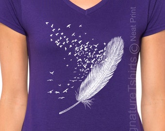 Feather Birds Shirt, Graphic Tee, Women V-neck T Shirt, Feather