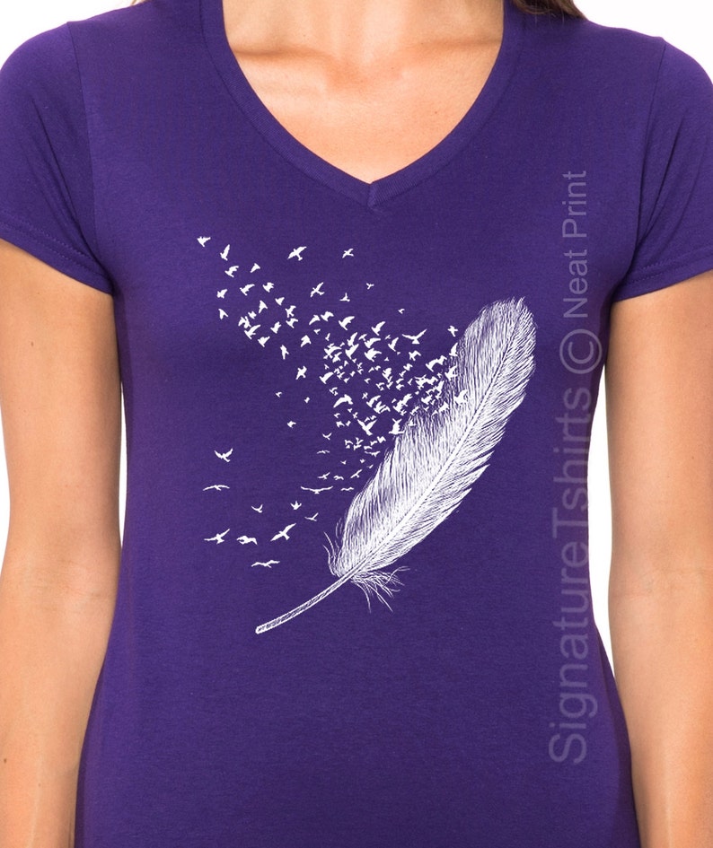 Plus Size Feather Birds Shirt, Graphic Tee, Women V-neck T Shirt, Feather Tshirt, Bird T Shirt Feather Shirt Feather T Shirt Christmas Gift image 4