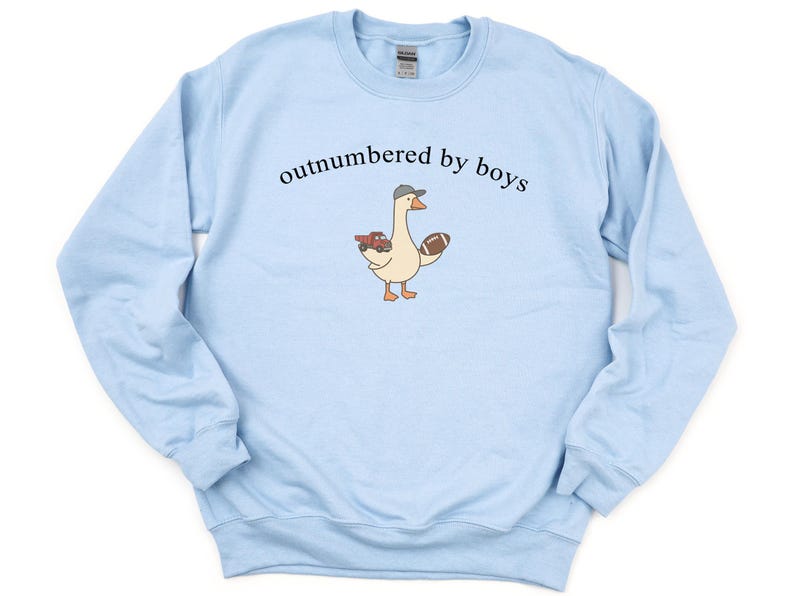 May include: Light blue sweatshirt with the text "outnumbered by boys" above a cartoon goose wearing a hat and holding a football and a toy truck. The sweatshirt has long sleeves and a crew neck.
