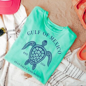 Op de afbeelding: Een turquoise t-shirt met een afbeelding van een zeeschildpad en de tekst "Gulf of Mexico Est. 1550 Stay Salty and Resist".
