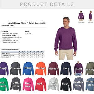May include: A purple fleece crew sweatshirt with ribbed collar, cuffs, and waistband. The product details include features, sizes, and product specifications. Available in sizes S-5XL.