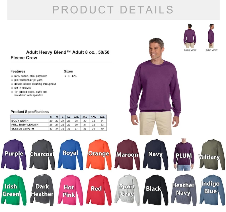 May include: A purple fleece crew sweatshirt with ribbed collar, cuffs, and waistband. The product details include features, sizes, and product specifications. Available in sizes S-5XL.