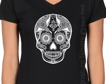 Sugar Skull T shirt - Sugar Skull - Black Skull Shirt - Sugar Skull Clothing - Skull Clothing - Boho Clothing -Halloween Shirt - Plus V neck
