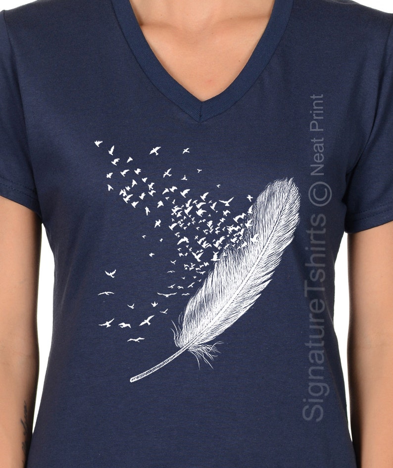 Plus Size Feather Birds Shirt, Graphic Tee, Women V-neck T Shirt, Feather Tshirt, Bird T Shirt Feather Shirt Feather T Shirt Christmas Gift image 2